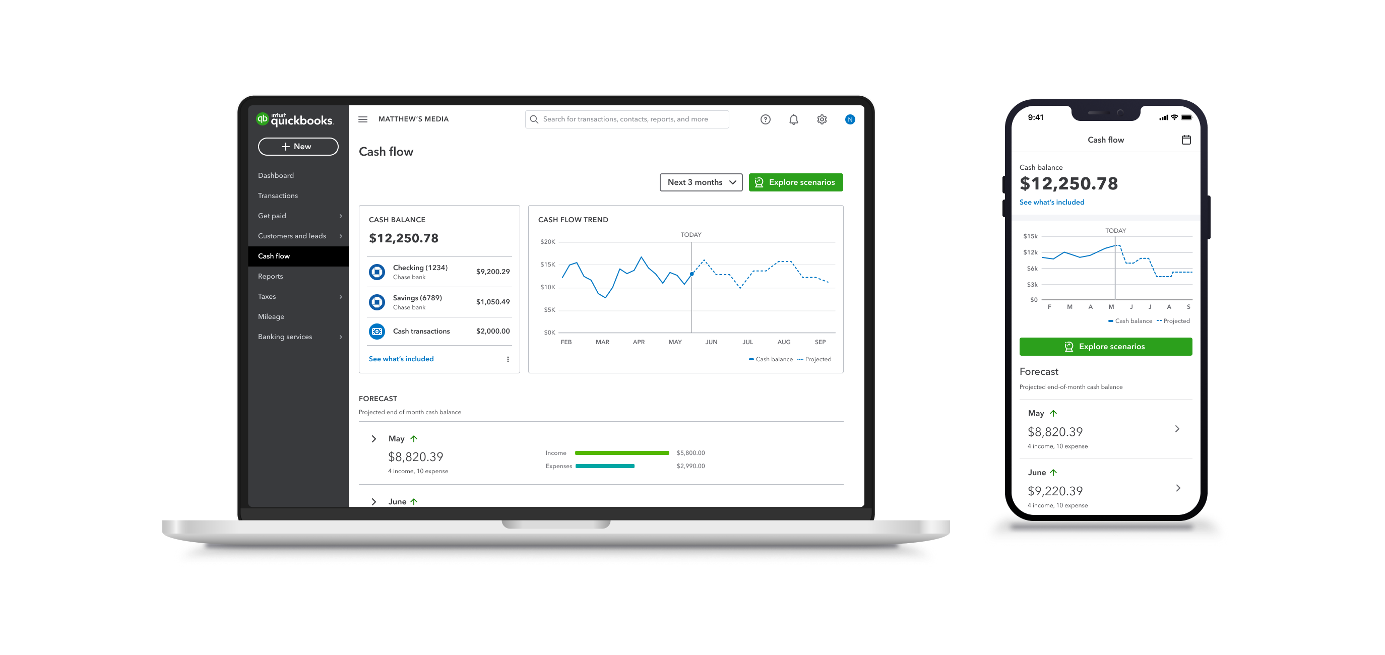 QuickBooks Solopreneur — Cash Flow web and mobile side by side